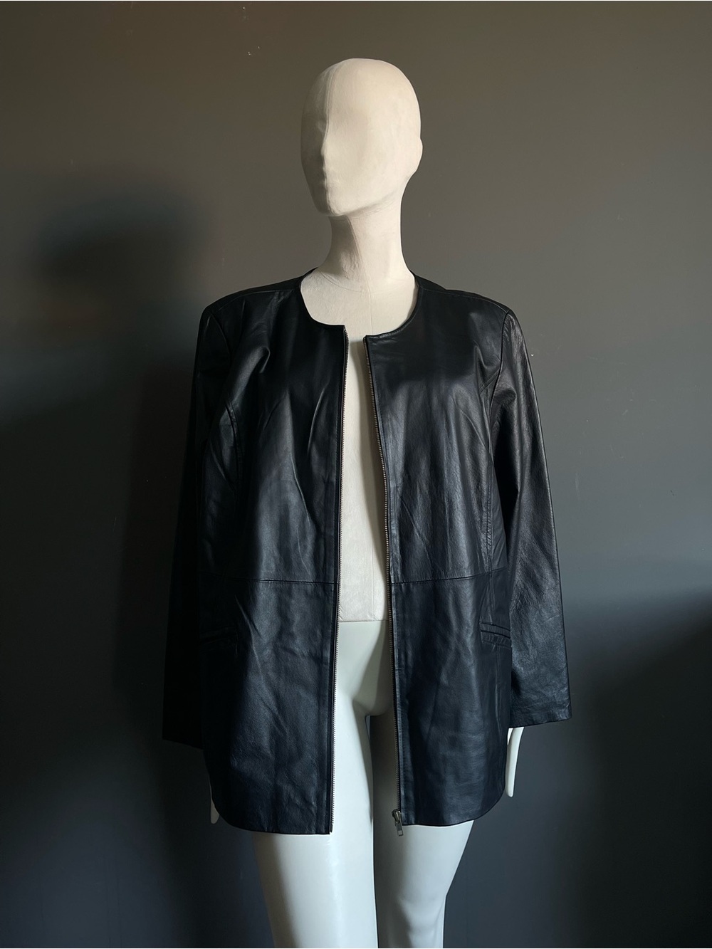 Maggie Barnes NWT Black Genuine Leather Collarless Longline Jacket Plus Size 3X